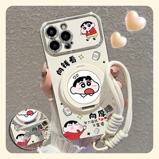 向钱看蜡笔小新适用苹果16promax手机壳华为pura70新款mate60pro可爱女OPPOReno13旋转支架VIVOS20小米15卡通