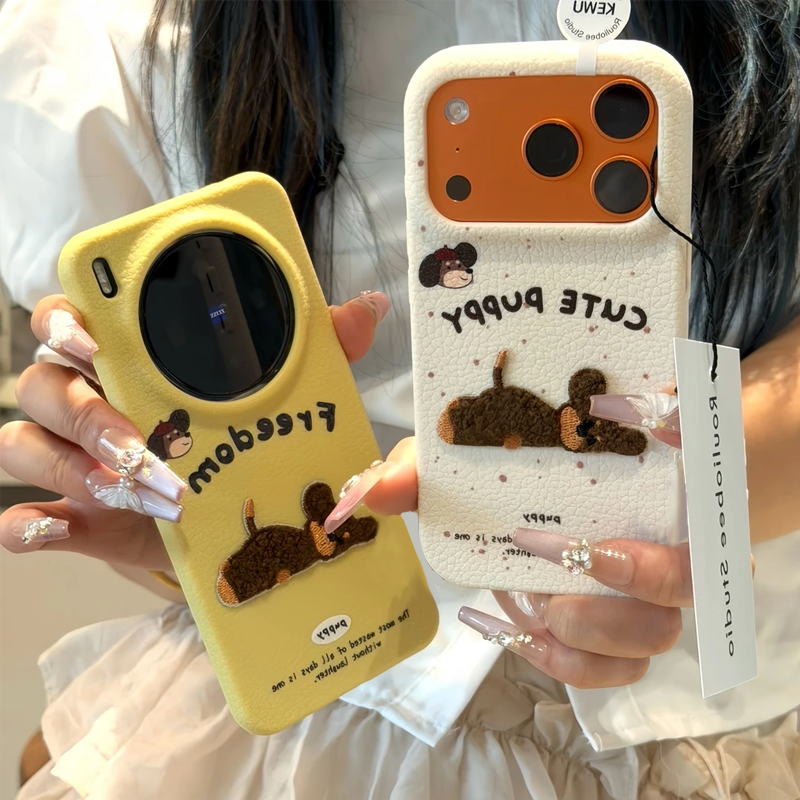 秋冬刺绣小狗标签适用苹果手机壳