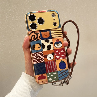 格纹动物新款金属漆气垫适用苹果17promax手机壳iPhone16小米15华为mate60带挂绳pura80秋冬vivox300女reno14