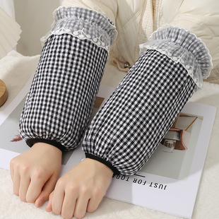 纯棉布格子花边袖套女款洋气上班耐脏羽绒服护袖学生棉衣手袖长款