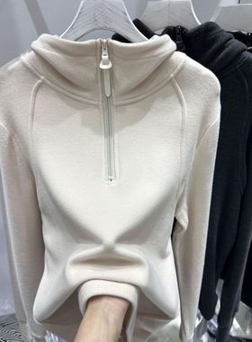 德绒秋冬新款纯色长袖洋气别致连帽宽松卫衣设计拉链打底百搭上衣