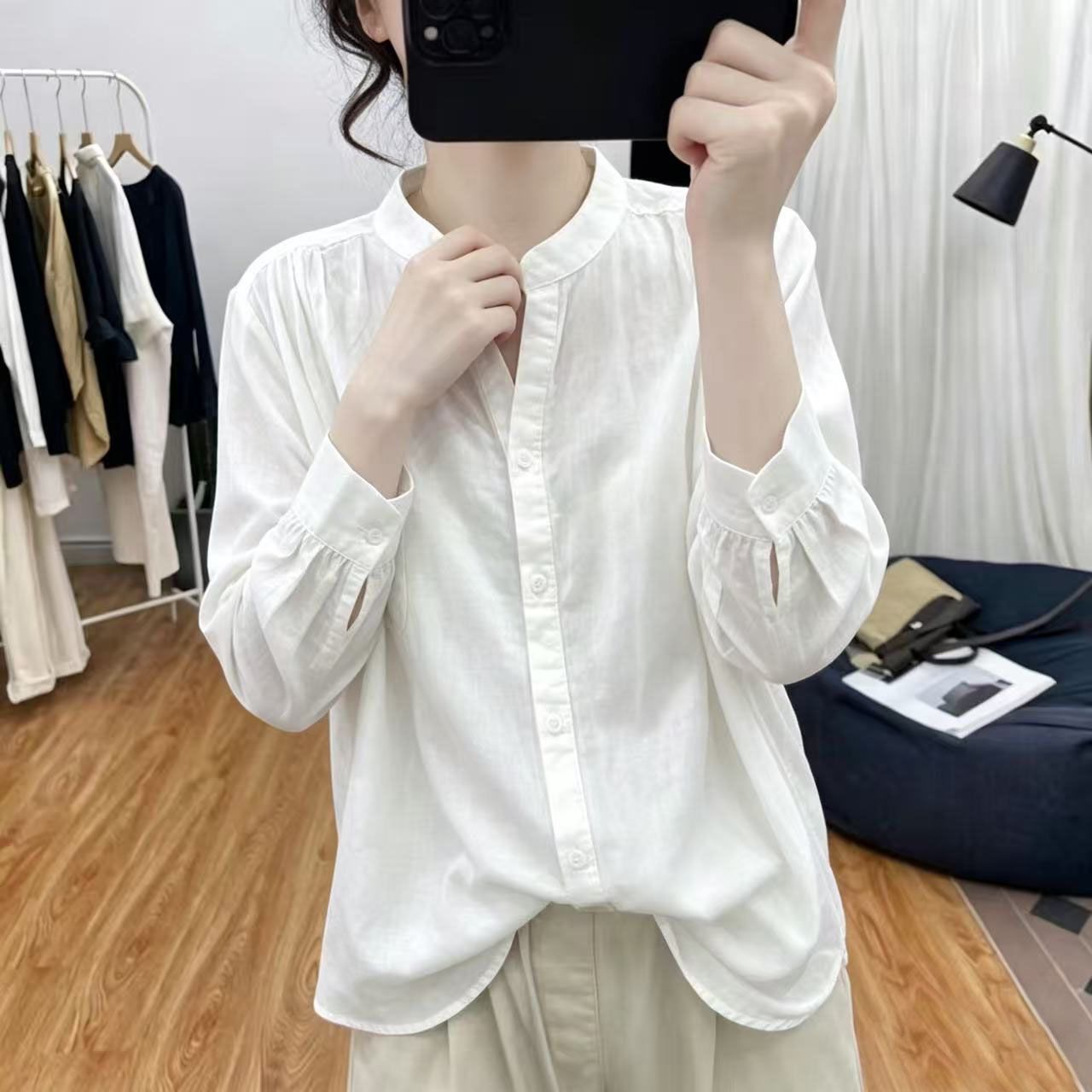 中年妈妈棉麻长袖V领女士衬衫2026春秋新款减龄干净休闲百搭上衣