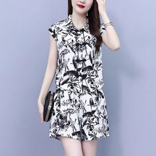 大码女装2025夏季胖mm复古盘扣水墨画印花上衣时尚休闲短裤两件套 - 封面