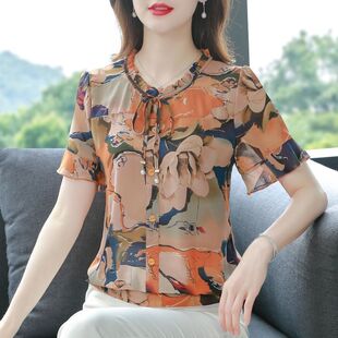 夏季短袖洋气花色设计感雪纺衬衫女2026新款时尚百搭显瘦减龄上衣