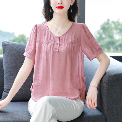 天丝棉麻衬衣夏款女装新款遮肚透气显瘦轻薄圆领简约休闲大码上衣