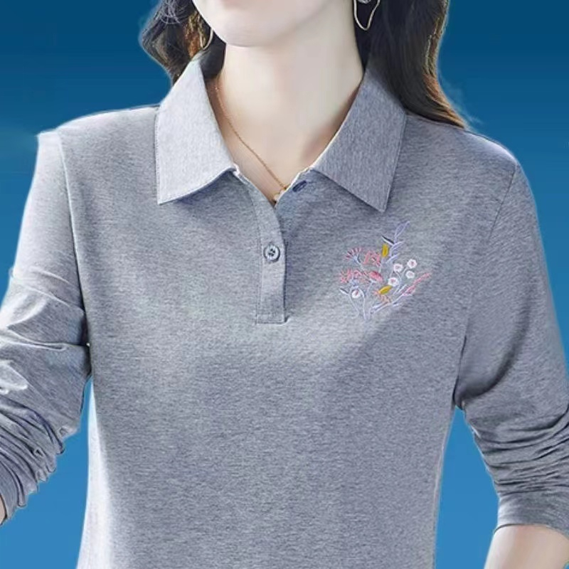 长袖t恤女春秋2025新款洋气妈妈polo衫棉质百搭宽松上衣翻领绣花