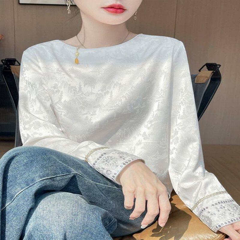 气质奢华缎面圆领衬衫女2026春秋新款新中式素雅提花休闲打底衬衣