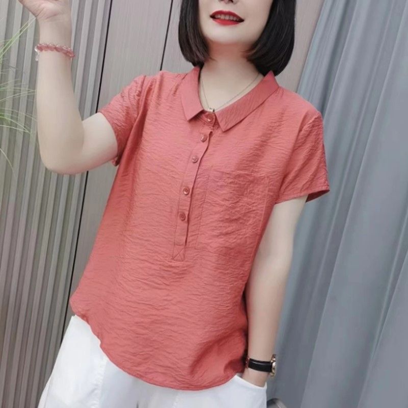 中年妈妈时尚百搭短袖翻领上衣女