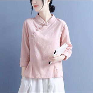 中年妈妈棉麻斜襟珠扣长袖上衣女2026春秋新款中国风文艺复古衬衫