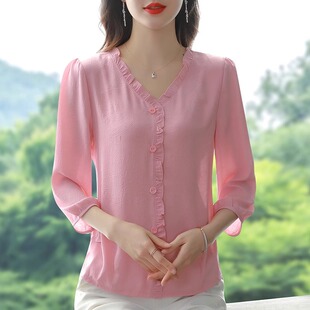 宽松减龄洋气收腰遮肚小衫 棉麻衬衫 女士夏季 2025年新款 上衣 七分袖