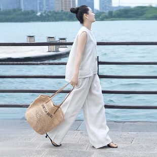 妈妈装简约气质苎麻套装夏季高级感无袖马甲上衣阔腿长裤两件套女