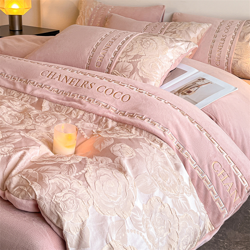 法式牛奶绒刺绣四件套提花轻奢