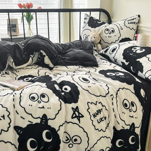 ins煤球牛奶绒四件套双面珊瑚加绒被套床单人男生宿舍床上三件套4