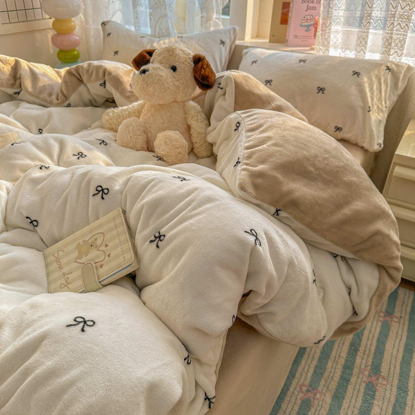 美拉德蝴蝶结四件套牛奶绒韩式珊瑚绒被套加厚保暖床品床单三件套