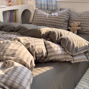 复古ins格子水洗棉四件套简约韩系非全棉纯棉被套床品单人三件套4