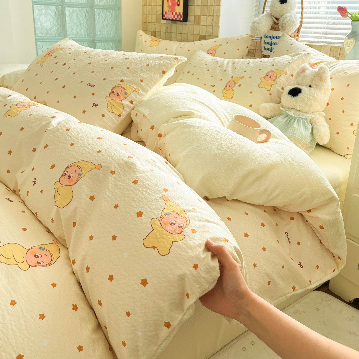 奶油风双层纱床上四件套可爱星星人被套非全棉纯棉床单三2026新款