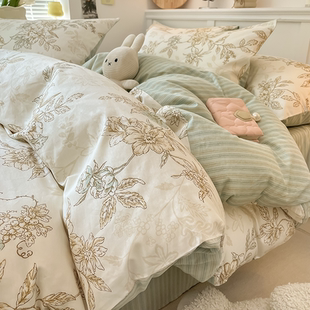 ins田园风床上四件套100全棉纯棉被套罩宿舍床笠单双人夏季 床品三