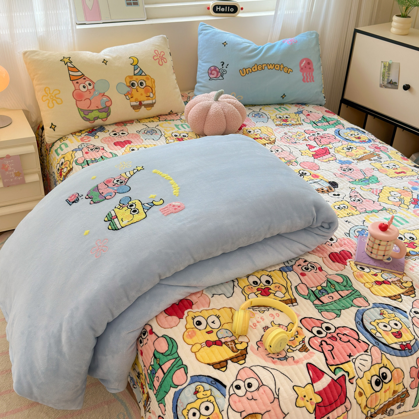 可爱海绵宝宝四件套牛奶绒冬季加厚保暖珊瑚绒被套宿舍床上三件套,床上用品,床品套件/四件套/多件套,淘宝优惠券,粉丝福利购,淘宝优惠卷