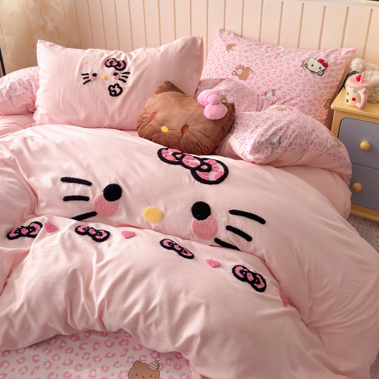 少女心毛巾绣四件套可爱kt猫被套非全棉纯棉床单人宿舍床上三件套