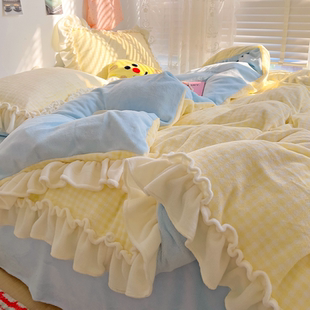 秋冬季 公主风牛奶绒四件套加厚珊瑚法兰绒被套床上用品单人三 韩式