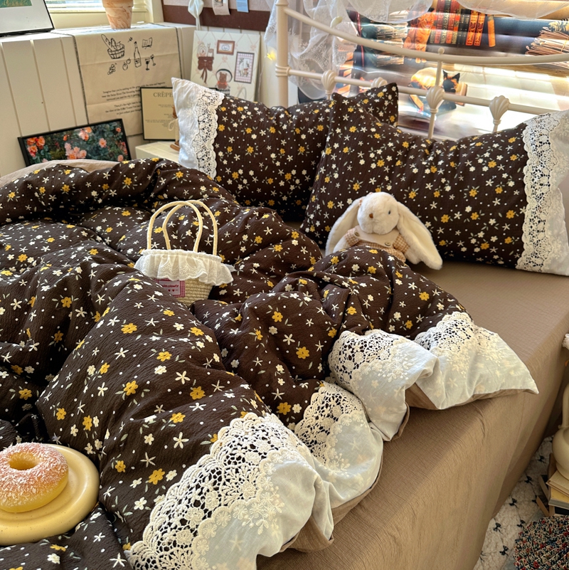 复古碎花床上四件套水洗棉被套床单三件套学生宿舍床品非全棉纯棉