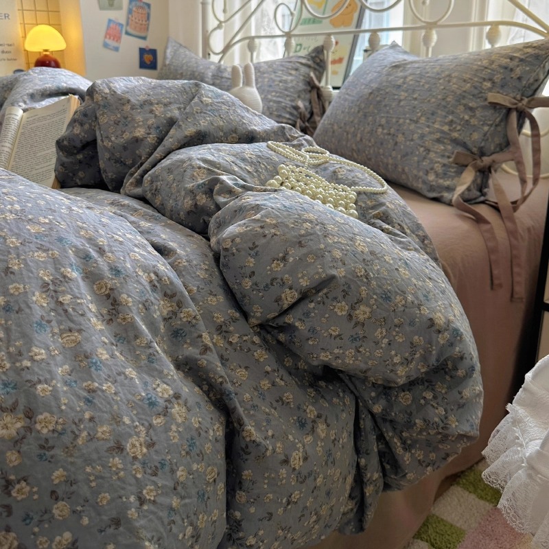 复古碎花双层纱被套四件套2025新款非全棉纯棉麻床单人床上用品三