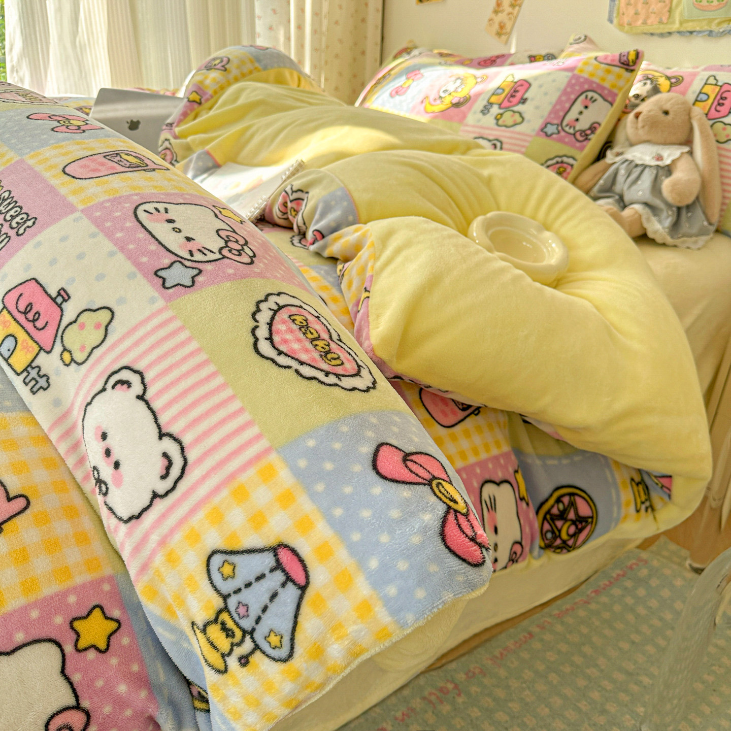 ins卡通牛奶绒四件套床品加厚保暖冬季加绒被套法兰绒床单三件套4