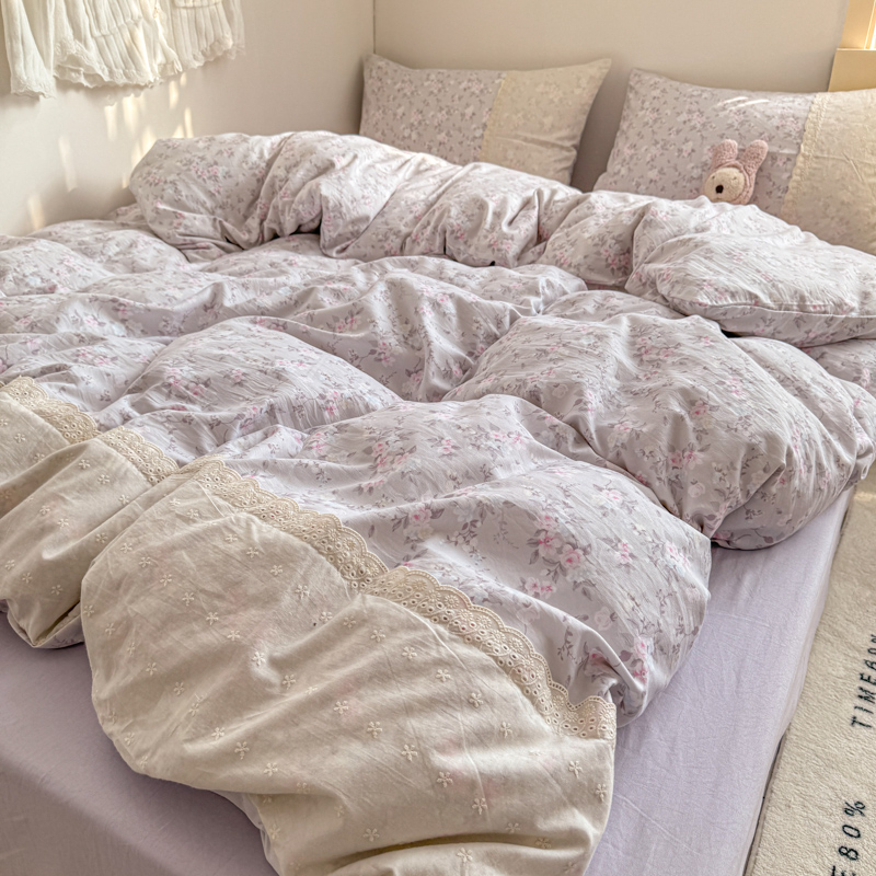 小清新碎花蕾丝花边四件套水洗棉