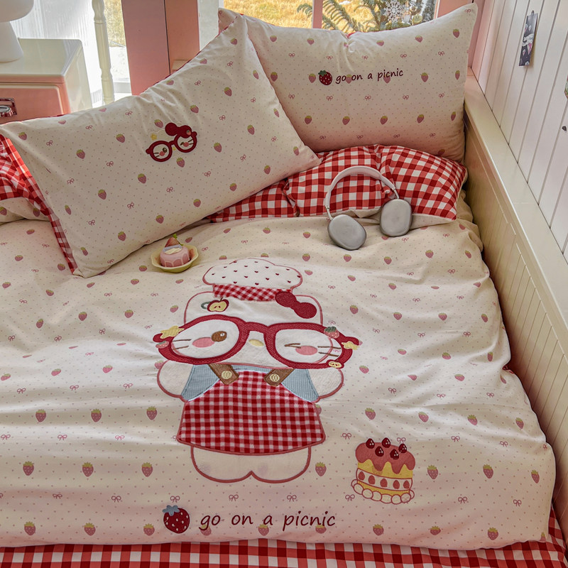 少女心可爱kt猫毛巾绣四件套非全棉纯棉卡通被套床单人宿舍三件套