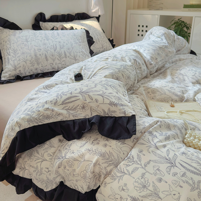 法式ins赫本风黑色花边水洗棉床上四件套床单学生被套三件套床笠4