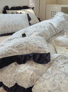 法式ins赫本风黑色花边水洗棉床上四件套床单学生被套三件套床笠4