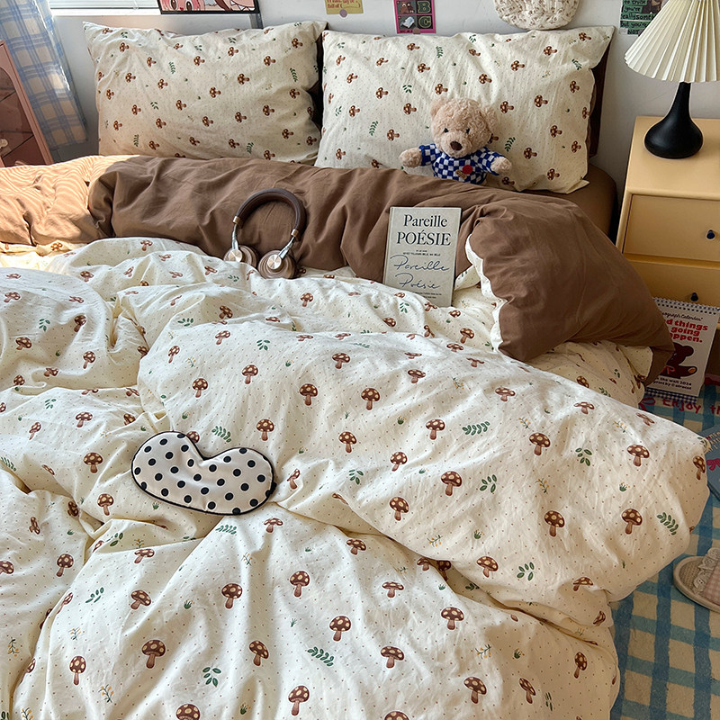 复古小蘑菇四件套水洗棉2025新款被套床单人学生宿舍床上三件套笠