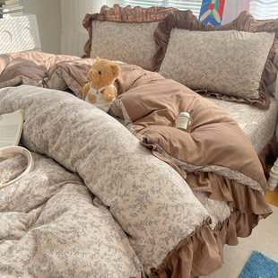 2026新款 赫本风被套加厚床单三非全纯棉 双层纱花边床盖四件套法式