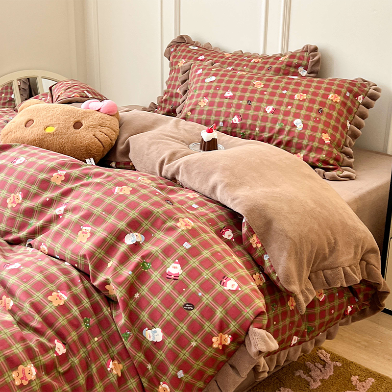 四件套花边牛奶绒复古格圣诞韩式