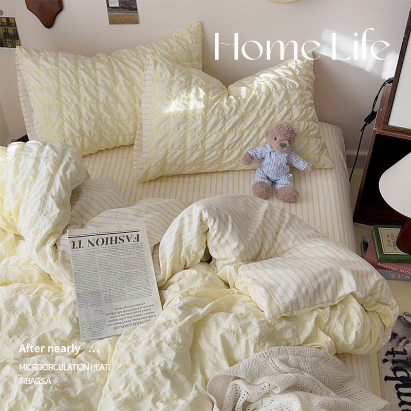 ins风泡泡纱床上四件套少女心非全棉纯棉被套学生宿舍床笠单人三4