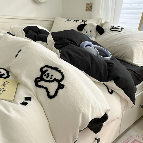 ins卡通可爱线条小狗棉四件套