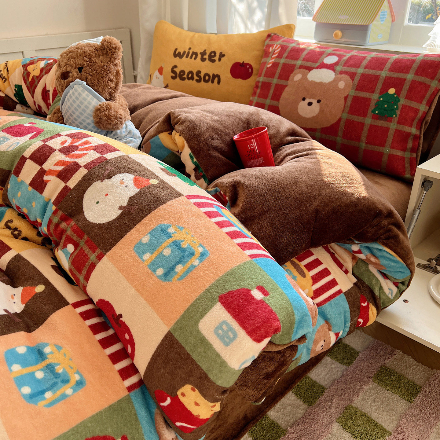 美拉德圣诞风牛奶绒四件套冬季珊瑚绒被套宿舍床单三件套2025新款,床上用品,床品套件/四件套/多件套,淘宝优惠券,粉丝福利购,淘宝优惠卷