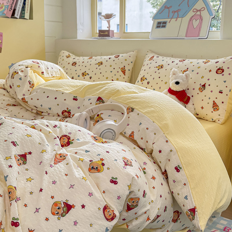奶油风星星人泡芙纱四件套2026新款儿童被套非全棉纯棉床单三件套