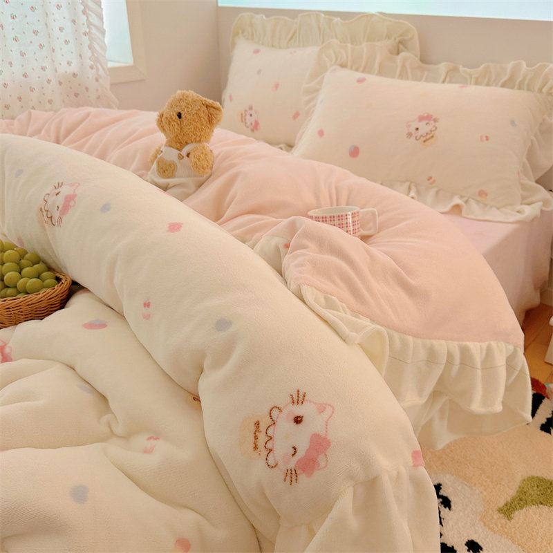 甜美可爱风牛奶绒四件套冬季少女心花边珊瑚绒被套宿舍床单三件套