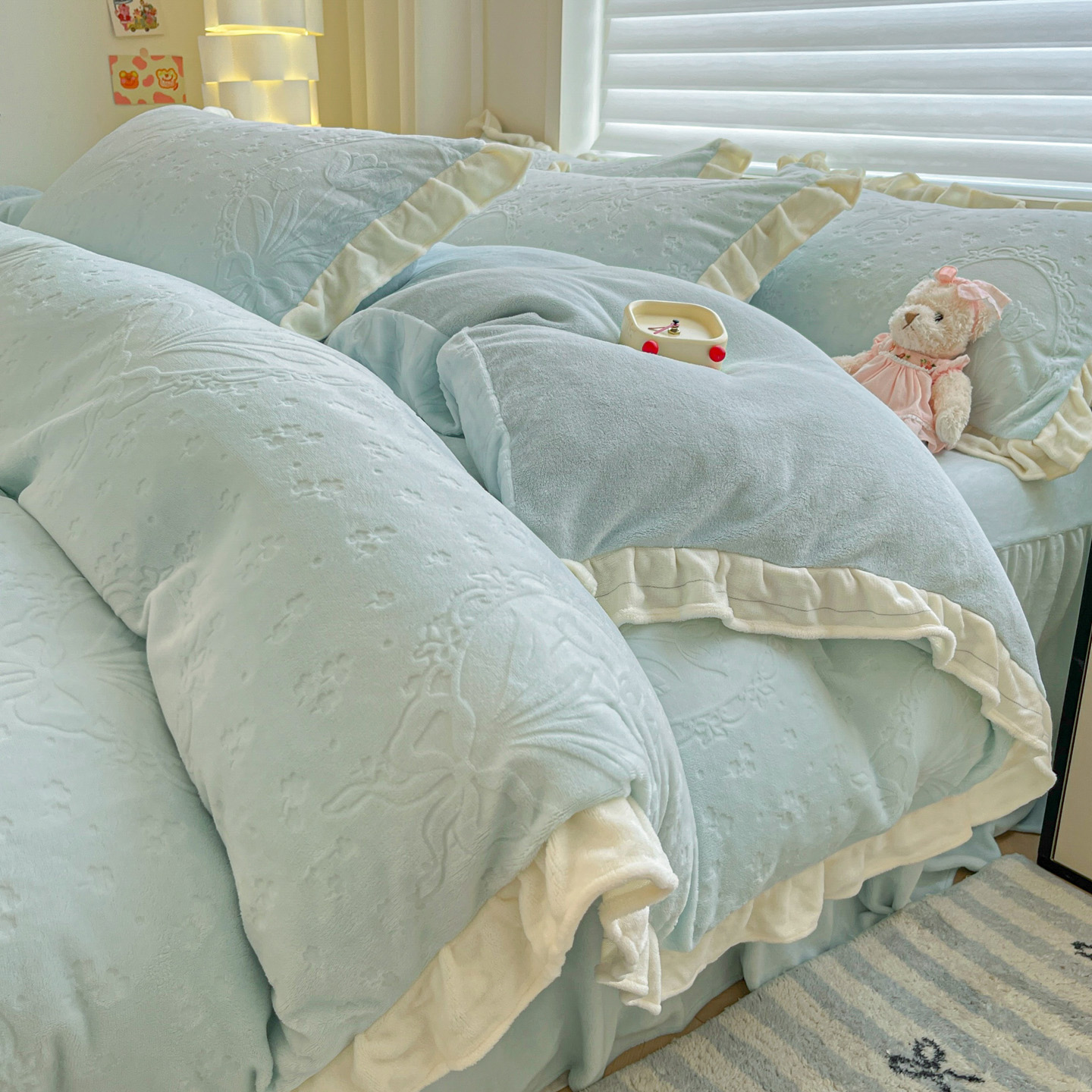 公主风牛奶绒花边四件套韩版床裙