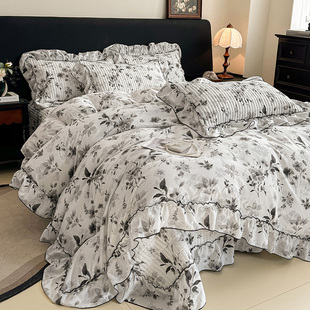 2026新款 赫本风水墨双层纱花边床盖四件套被套床上用品非纯棉全棉