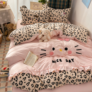 豹纹KT猫水洗棉四件套可爱少女心被套宿舍床上三件套非全纯棉床单