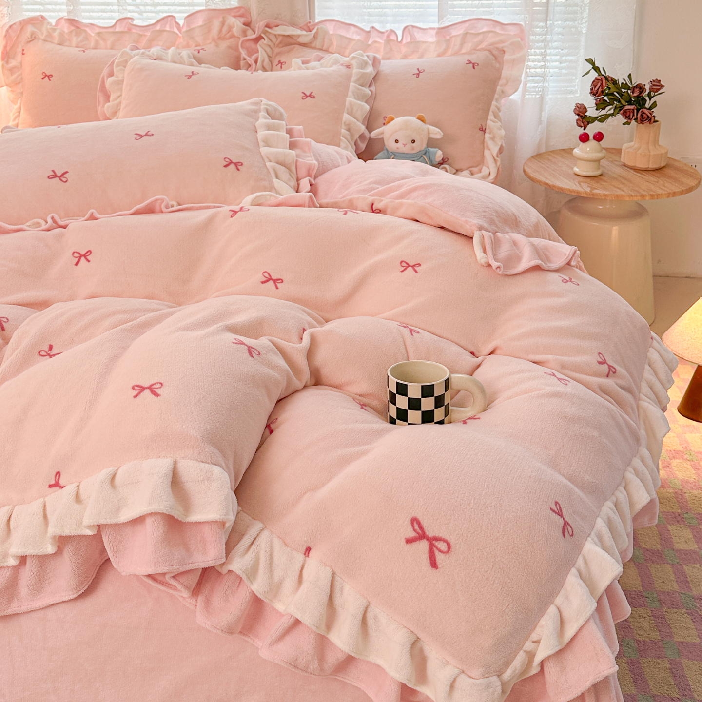 少女心蝴蝶结牛奶绒床上四件套冬