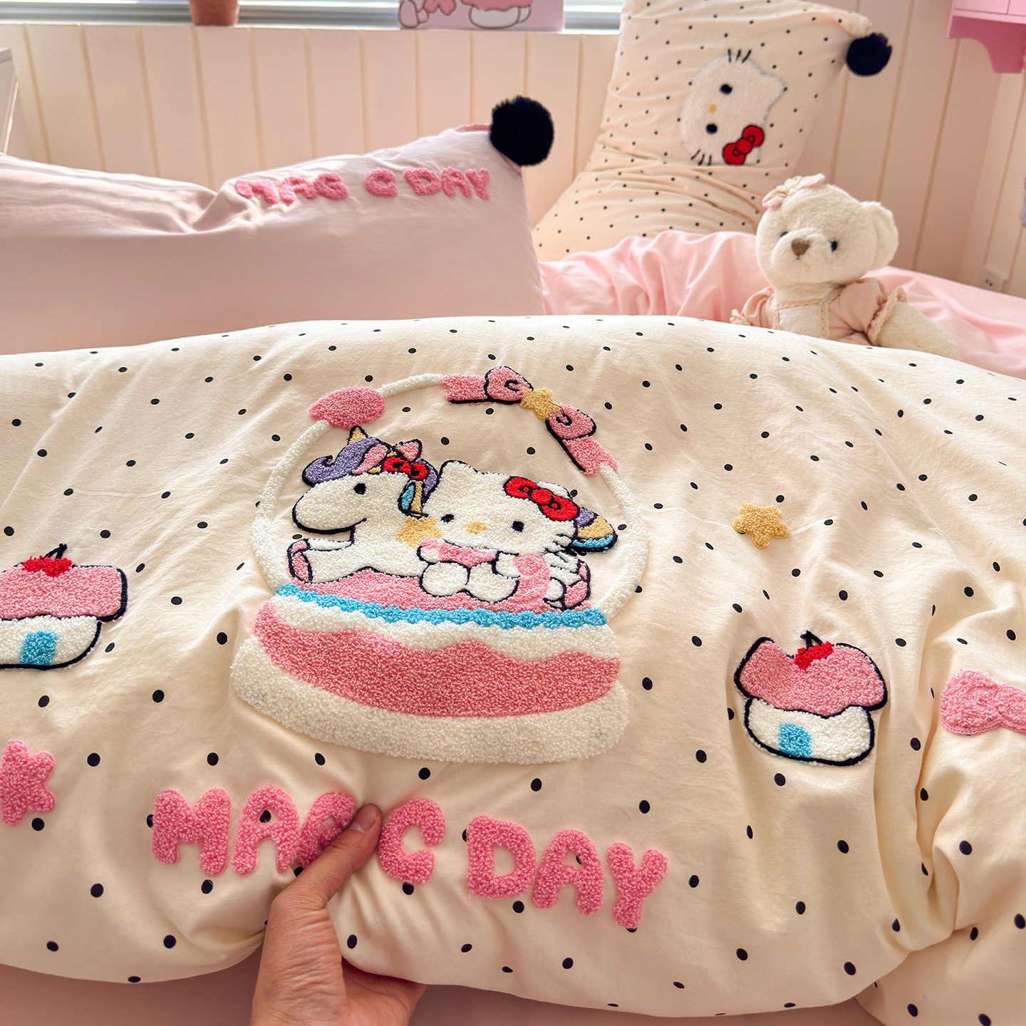 少女心波点kt猫毛巾绣四件套非全棉纯棉被套床单人宿舍床上三件套