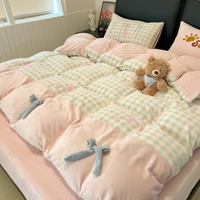 加厚牛奶绒四件套可爱蝴蝶结被套