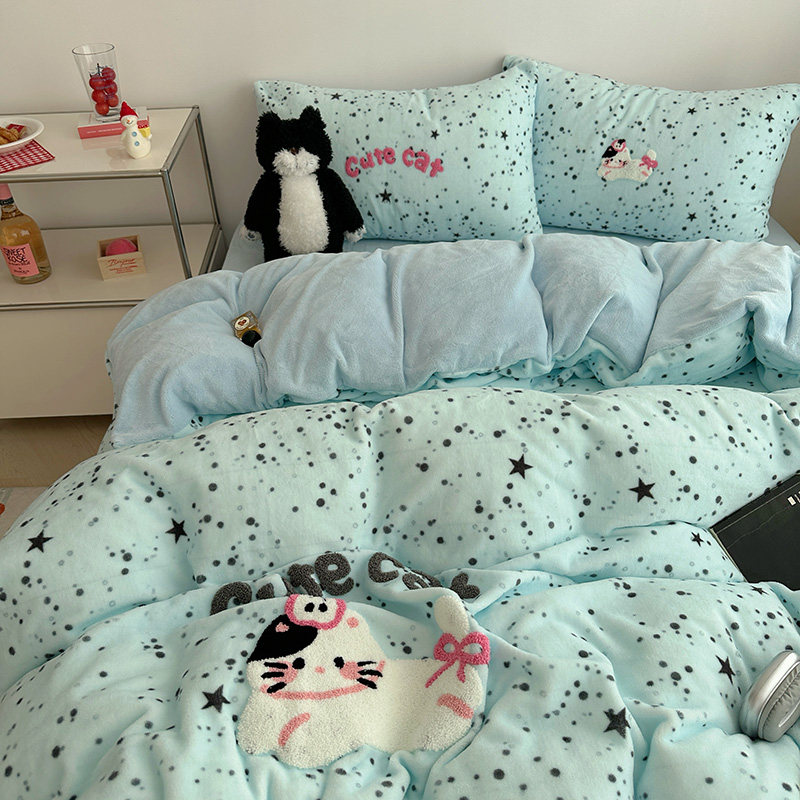 冬季ins可爱卡通毛巾绣牛奶绒四件套加绒加厚床单被套宿舍三件套4