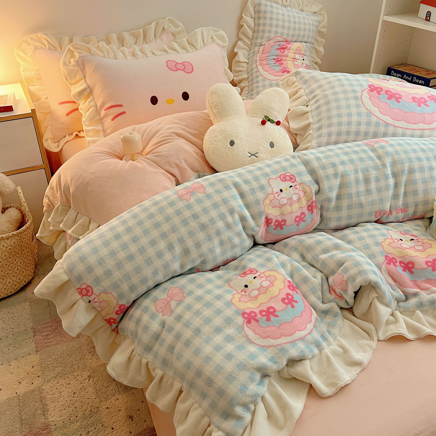 少女心花边牛奶绒四件套公主风冬季珊瑚绒被套加厚保暖床单三件套