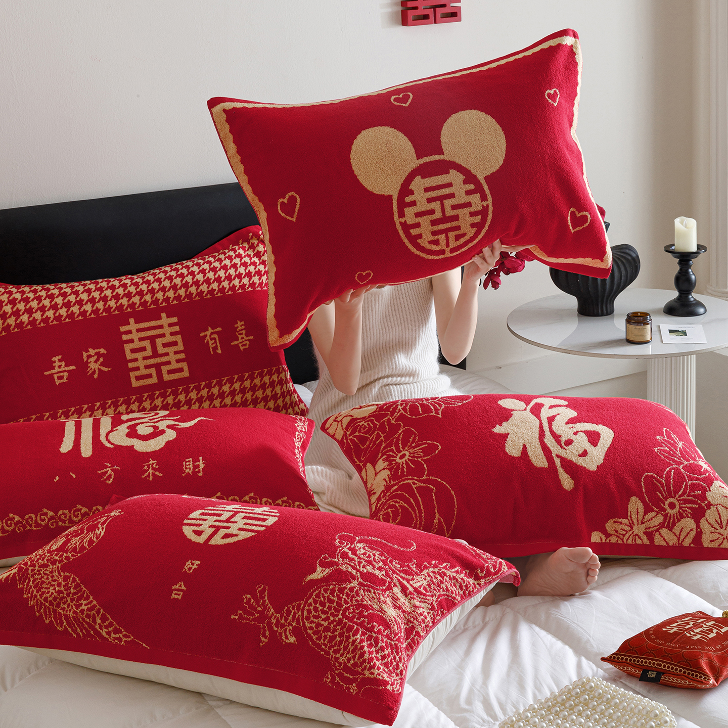 全棉大红色老式枕巾单只装结婚喜字福字枕头巾枕芯垫巾纯棉加厚红