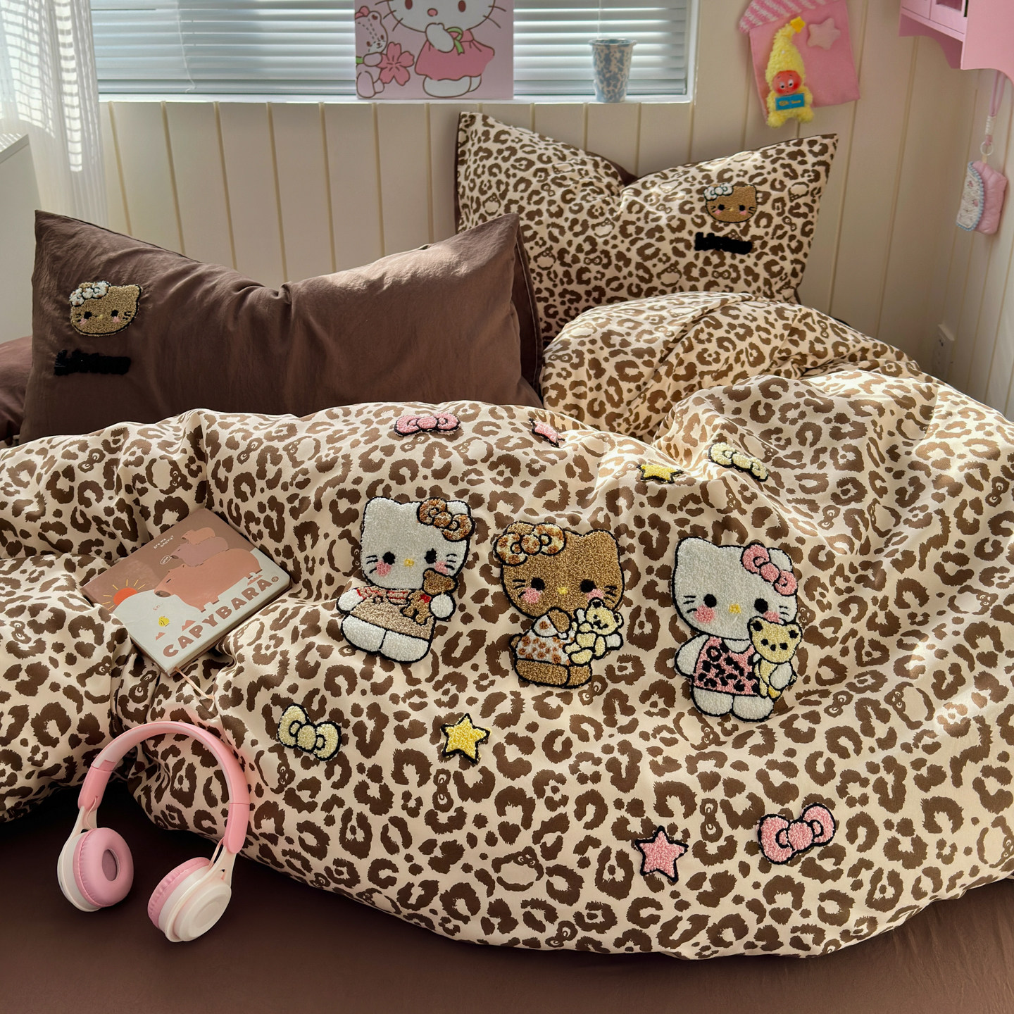 卡通豹纹kt猫毛巾绣四件套非全棉纯棉被套罩床单人宿舍床上三件套