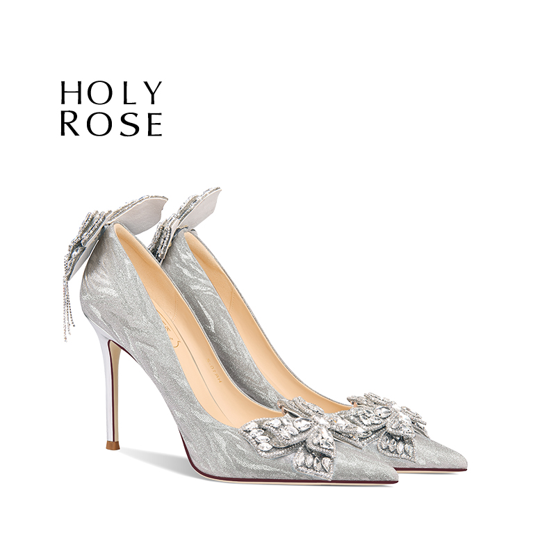 圣洁玫瑰银色水晶尖头高跟婚鞋